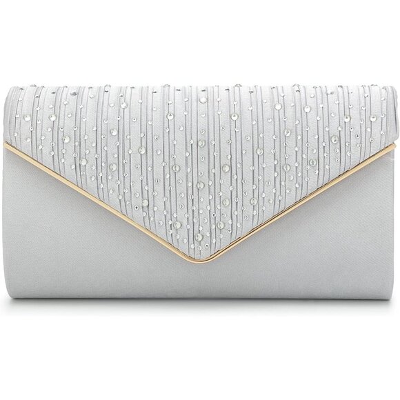 ⚡ Women's Evening Rhinestones Envelope Style Chain Strap Silver Clutch Handbag - Picture 2 of 6